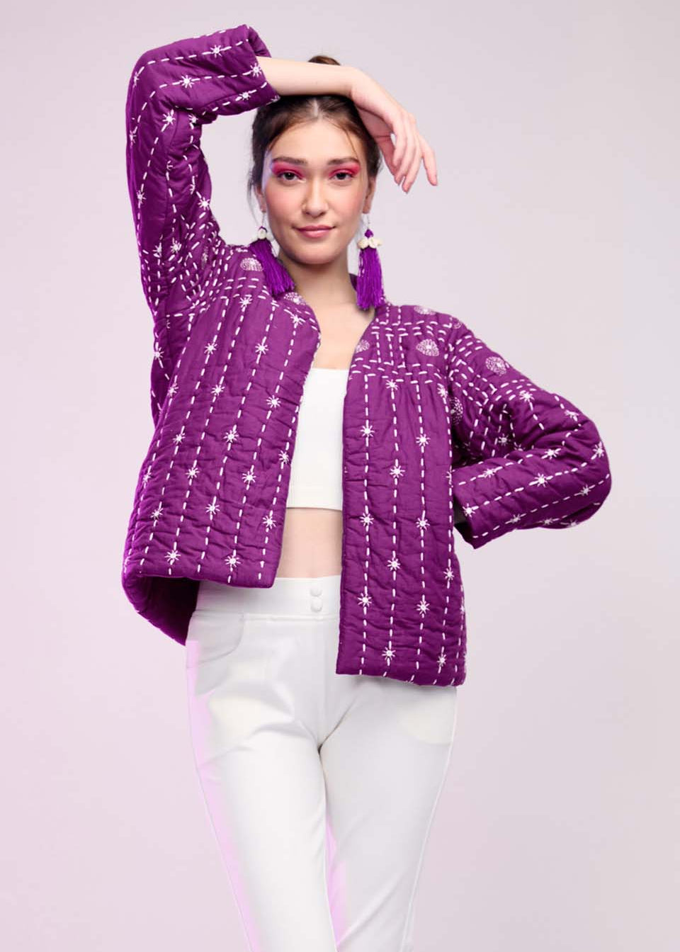 Model wearing ThatRomeo’s Violet Muse Quilted Jacket — violet cotton jacket with white embroidery, relaxed fit, and open front.
