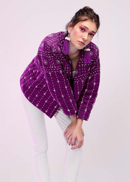 Model wearing ThatRomeo’s Violet Muse Quilted Jacket — violet cotton jacket with white embroidery, relaxed fit, and open front.