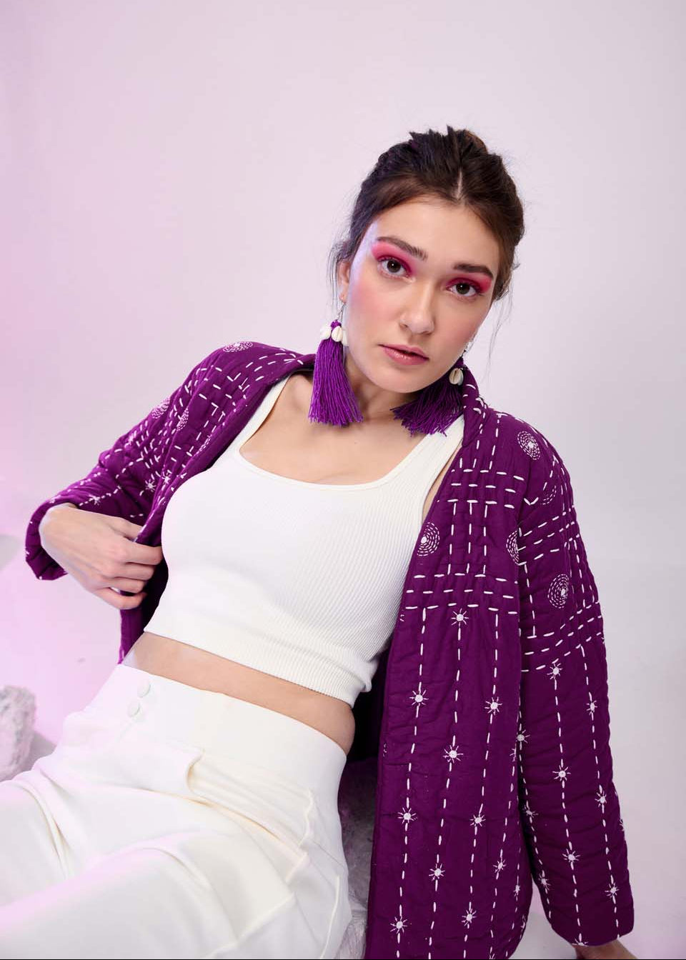 Model wearing ThatRomeo’s Violet Muse Quilted Jacket — violet cotton jacket with white embroidery, relaxed fit, and open front.
