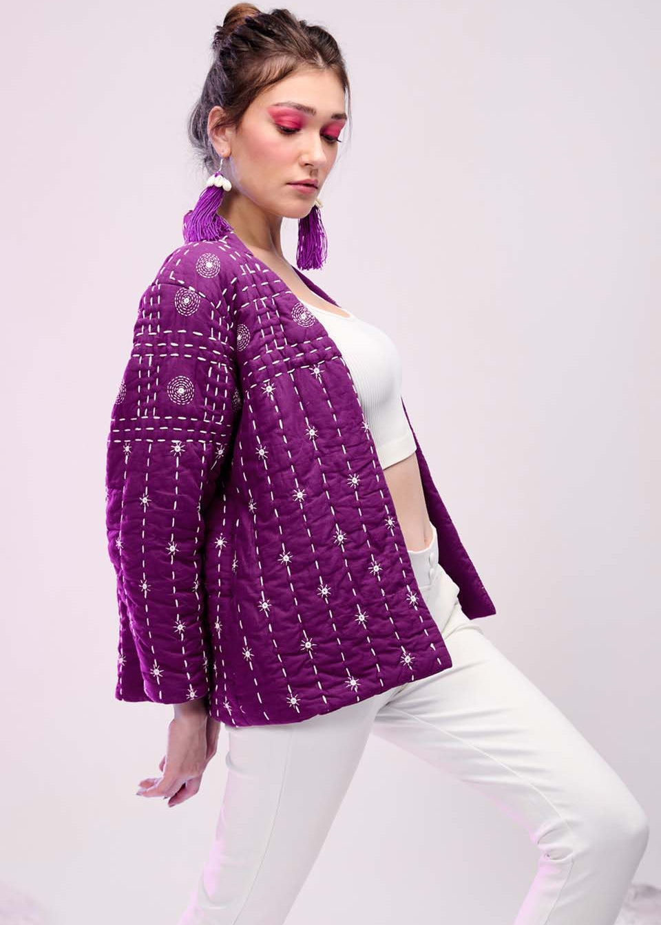 Model wearing ThatRomeo’s Violet Muse Quilted Jacket — violet cotton jacket with white embroidery, relaxed fit, and open front.