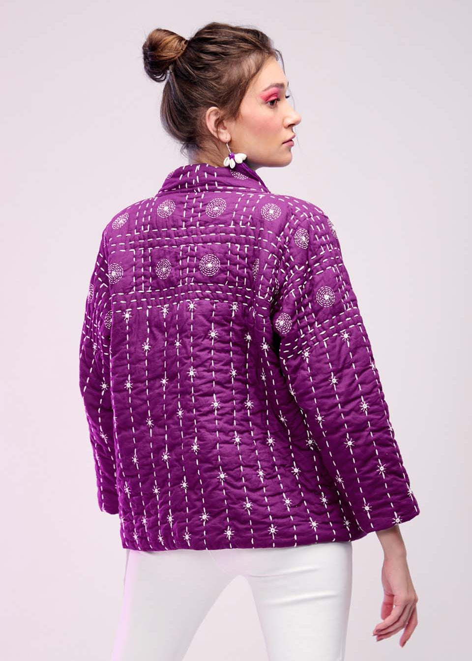 Model wearing ThatRomeo’s Violet Muse Quilted Jacket — violet cotton jacket with white embroidery, relaxed fit, and open front.